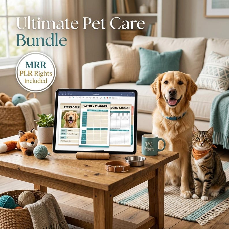 K&ouml;nnte beinhalten: Ein digitales Tablet mit einem Haustier-Pflegeplaner und Wochenplan, platziert auf einem Holztisch neben einem Golden Retriever, einer getigerten Katze, einer blaugr&uuml;nen Tasse mit der Aufschrift Pet Mom, einer Metallschale und einem Lederhalsband.