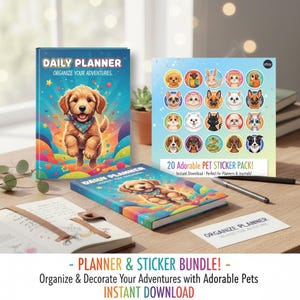 Peut inclure: Un ensemble de planificateur et d'autocollants avec un golden retriever de dessin animé. Le planificateur indique "Daily Planner, Organize Your Adventures". Le pack d'autocollants comprend 20 autocollants d'adorables animaux de compagnie. Le texte indique "20 Adorable PET STICKER PACK!" et "Instant Download."