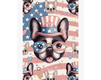 Patriotyczny plakat z buldogiem francuskim, matowy, pionowy | Flaga USA, uroczy pies