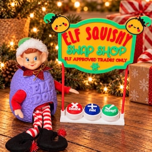 May include: A doll wearing a green and white hat, red sleeves, and black shoes, encased in a purple textured shell labeled ELF DOLL. Next to it is an ELF SQUISHY SWAP SHOP sign with three buttons labeled Decline, Add, and Accept.