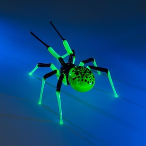 May include: A black and green glass spider sculpture with a green, spotted abdomen. The spider is posed with its legs extended and is illuminated by a blue light.