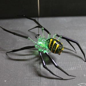 Handmade Murano Glass Spider Figurine – Green and Black Striped Glass Spider Sculpture – Glow in the Dark Uranium Glass Halloween Decor Gift