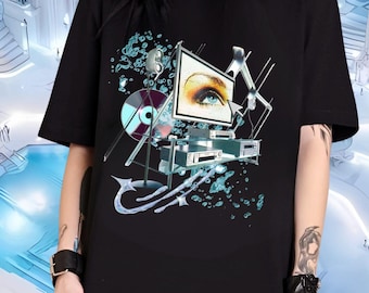 May include: Black t-shirt featuring a graphic print of a television screen with a blue eye and a record player. The background is a blue and white abstract design.
