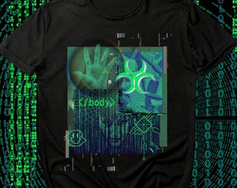 May include: Black t-shirt featuring a graphic print of a hand, a biohazard symbol, and the text "</body>" in a digital style.