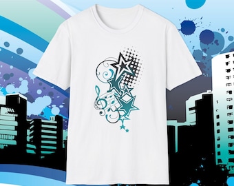 May include: White t-shirt featuring a musical design with stars, musical notes, and a treble clef in shades of teal and black. The design includes a halftone pattern and decorative swirls. The background has a cityscape silhouette.