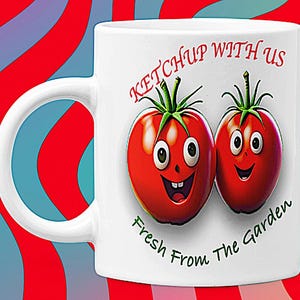 Czerwone pomidory gotowanie ogrodnictwo prezent biały ceramiczny kubek do kawy 11 i 15 uncji ketchup z nami-świeże z ogrodu zabawna kreskówka soczysta + radosna zabawa