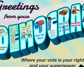 Postcard: GREETINGS from your DEMOCRACY is an artist-designed vintage style postcard.