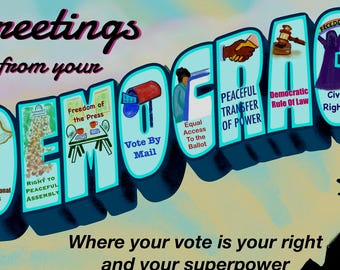 Postcard: GREETINGS from your DEMOCRACY is an artist-designed vintage style postcard.