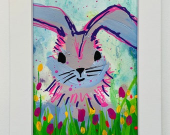 Mini Framed Painting, Spring Bunny Art Gift, Art for Small Spaces, Mini Rabbit Painting