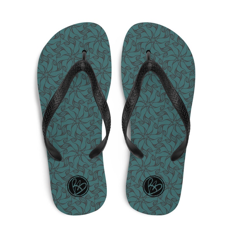Colorful Chanclas Teal and Gray Floral Abstract Flip-Flops Beach Thongs