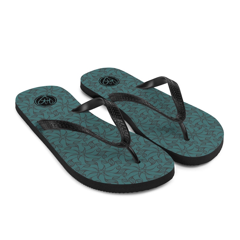 Colorful Chanclas Teal and Gray Floral Abstract Flip-Flops Beach Thongs