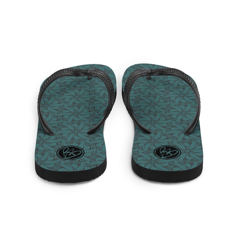 Colorful Chanclas Teal and Gray Floral Abstract Flip-Flops Beach Thongs