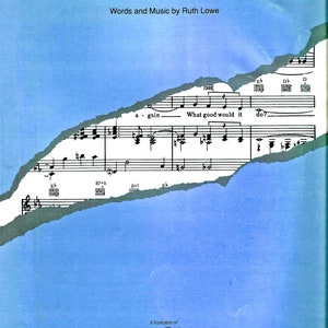 Puede incluir: Una portada de partitura vintage para la canción "I'll Never Smile Again" de Ruth Lowe. La portada presenta un fondo azul con un borde desgarrado que revela una parte de la partitura. El texto "I'll Never Smile Again" está escrito en una fuente grande y en negrita.