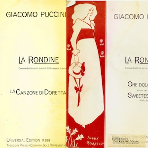 以下が含まれることがあります： ジャコモ・プッチーニ作曲のオペラ「ラ・ロンドネ」のヴィンテージ楽譜の表紙。表紙には、赤いドレスと白い帽子をかぶった女性が描かれており、背景には花柄のデザインが施されています。「ラ・ロンドネ」というタイトルは大きく太字で印刷されており、その下に「Commedia lirica in tre atti di Giuseppe Adami」というテキストが印刷されています。「La Canzone di Doretta」というテキストは、タイトルの下に小さな文字で印刷されています。「Universal Edition 14929」というテキストは左下の隅に印刷されており、その下に「Theodore Presser Company. Sole Representatives」というテキストが印刷されています。「Aubrey Beardsley」というテキストは右下の隅に印刷されています。