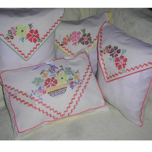 Embroidered pillow cases, hand embroidery pillow, vintage pillow case set, floral bouquet linen hand made Mother&#39;s Day gift room decor