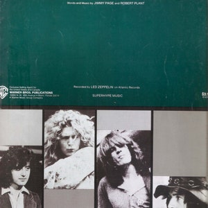 May include: A vintage sheet music cover for the song "Stairway to Heaven" by Led Zeppelin. The cover features a green background with the song title in white text. The bottom of the cover features black and white photos of the band members.