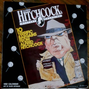 Alfred Hitchcock&#39;s Mystery Magazine Vintage 1992 Calendar- 10 Terrific Bargains from Alfred Hitchcock- Landmark Calendars Holidays gift
