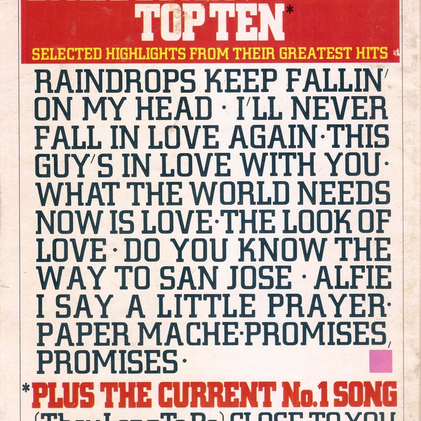 Bacharach & David's Top Ten Selected Highlights from Their Greatest Hits Plus the Current No1 Song They Long To Be Close to You PDF Digital