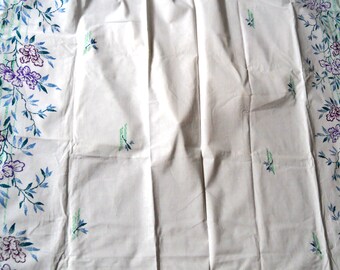 Lakan Vintage 1990-tals Vitt blommigt lakan bomull Tillverkad i Ukraina, Lviv, blommigt tryckta lakan, platta bomullslakan