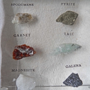 May include: A collection of six different types of rocks, labelled with their names: Spodumene, Pyrite, Garnet, Talc, Magnesite, and Galena. Each rock is a different colour and texture.