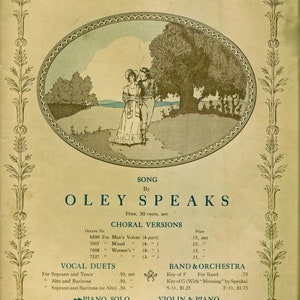 May include: A vintage sheet music cover for the song "Sylvia" by Oley Speaks. The cover features a romantic illustration of a couple walking in a forest setting. The title "Sylvia" is written in a decorative font and the composer's name is listed below. The sheet music is available in various formats, including choral versions, vocal duets, piano solo, band and orchestra, and violin and piano.