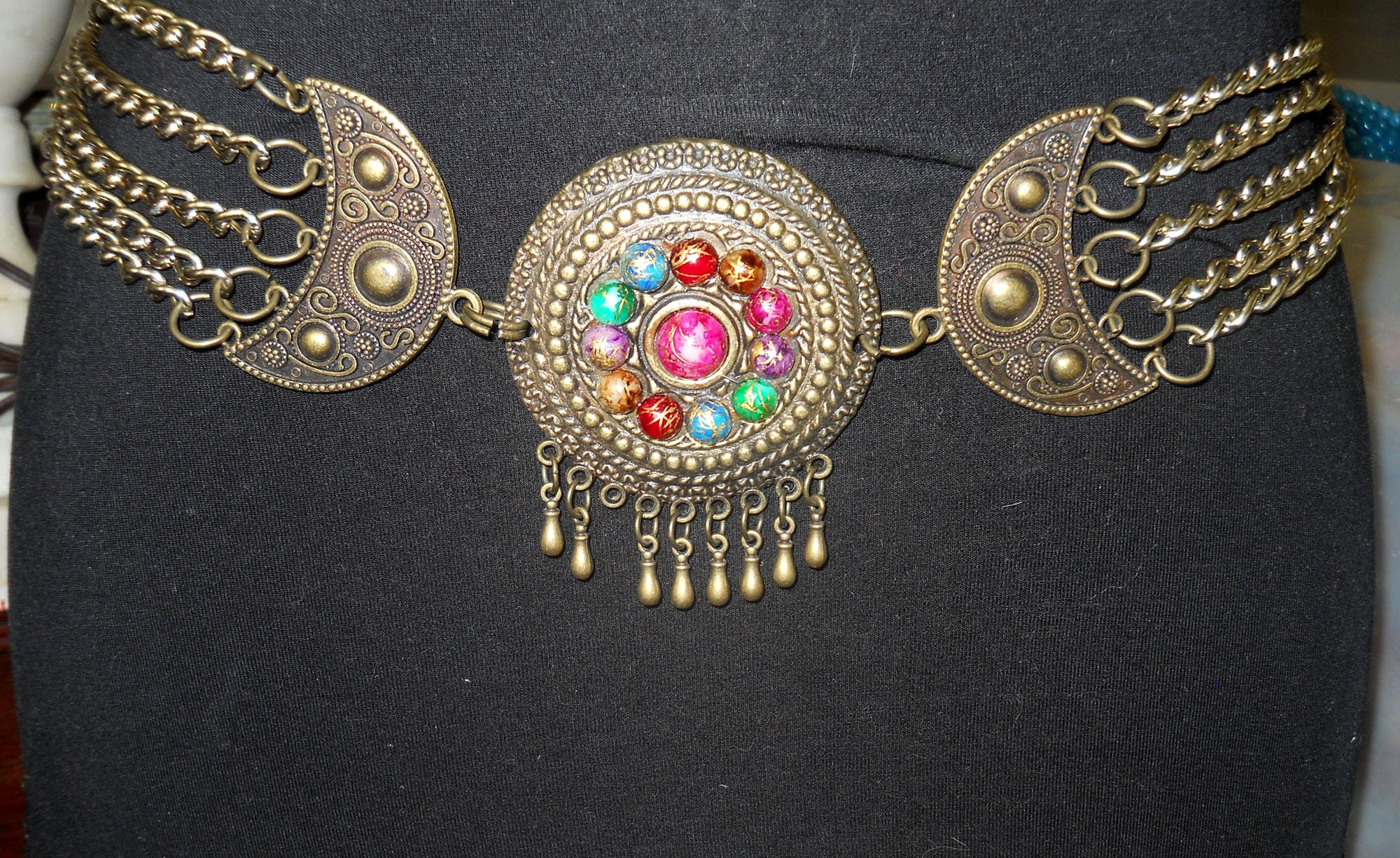 Decorative Mother's Day party gift waist belt vintage pressed metal with beads colorful decorated gorgeous antique belt for formal dress