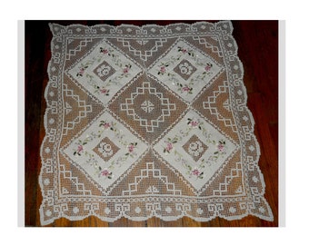 Beauty handcrafted tablecloth rustic square tablecloth, filet lace center and hem tablecloth, lovely home decor, country style tatting decor