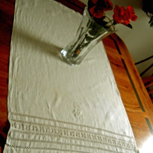 Vintage linen hand embroidered table runner dresser scarf with initials natural hemstitched farmhouse decor antique home linen handmade