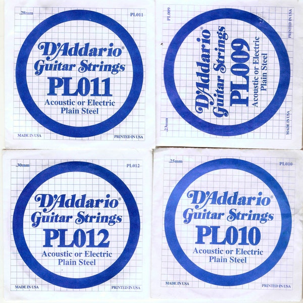 D'Addario Acoustic or Electric Guitar Strings Plain Steel PL009, PL010, PL011, PL012, Made in USA