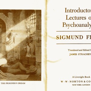 Może przedstawiać: Okładka książki z sepią ilustracją śpiącego mężczyzny w celi więziennej. Tytuł książki to "Introductory Lectures on Psychoanalysis" autorstwa Zygmunta Freuda. Książka została przetłumaczona i zredagowana przez Jamesa Stracheya. Książka została wydana przez W.W. Norton & Company.