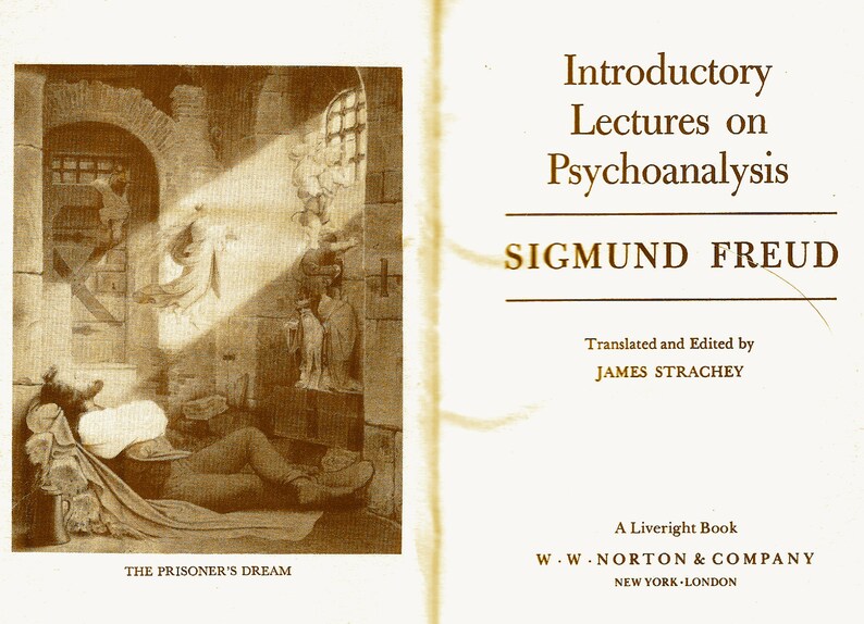Może przedstawiać: Okładka książki z sepią ilustracją śpiącego mężczyzny w celi więziennej. Tytuł książki to "Introductory Lectures on Psychoanalysis" autorstwa Zygmunta Freuda. Książka została przetłumaczona i zredagowana przez Jamesa Stracheya. Książka została wydana przez W.W. Norton & Company.
