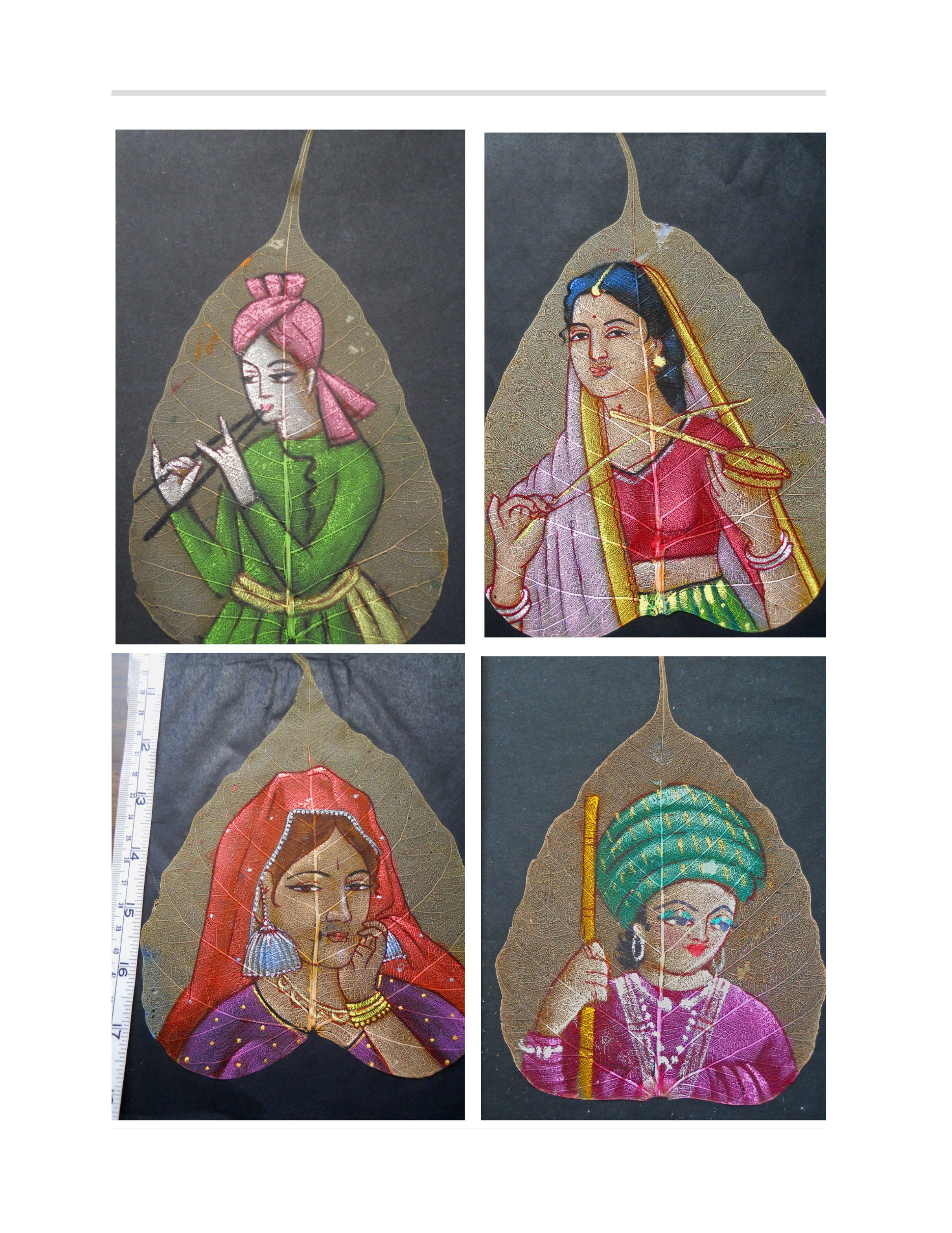 Natural leaf hand painted, real sceleton leaf paiting, Indian women portraits, musician woman