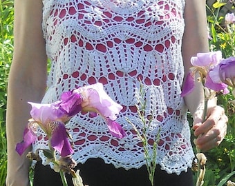 Women's White crochet top cotton white tank top magenta cotton tunic summer blouse handmade lace crochet Valentine's Day Birthday Gift