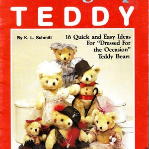 May include: A book cover with the title "Dressing Up TEDDY" in light blue text on a red background. The image shows multiple teddy bears in different outfits, such as a bride, a gentleman with a cane, and a flapper.