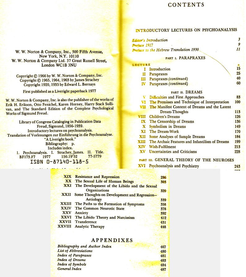 Może przedstawiać: Ż&oacute;łta okładka książki z tytułem "CONTENTS" w czarnym kolorze. Książka nosi tytuł "Introductory Lectures on Psychoanalysis" autorstwa Zygmunta Freuda. Okładka książki zawiera r&oacute;wnież listę rozdział&oacute;w i spis treści.