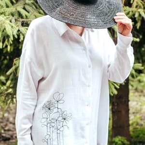 Soft Embroidered White Button Down Shirt for Women Long Sleeve Floral Blouse Linen Cotton Summer Fall Loose Top Valentine&#39;s Day Birthday