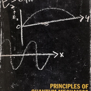 May include: A black book cover titled Principles of Quantum Mechanics by D. I. Blokhintsev. The cover features white chalk-style mathematical equations and wave graphs on a dark background, with yellow text for the title and author name.