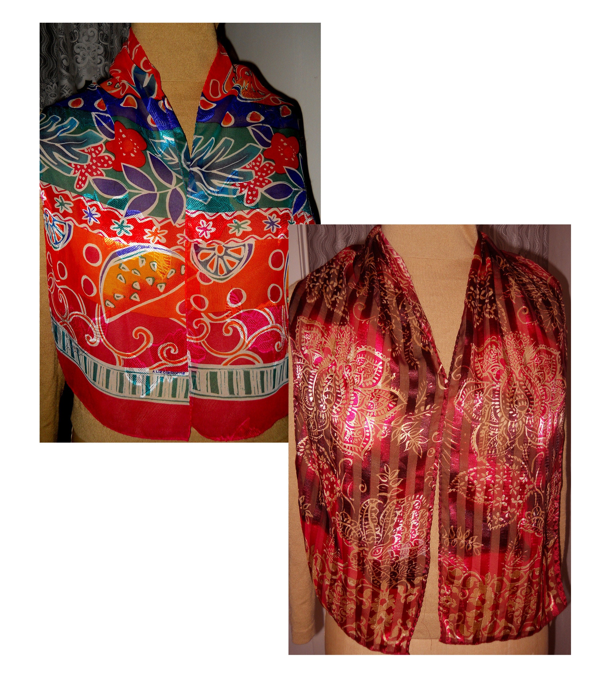 Foulard Vintage LIZ CLAIBORNE 100% Soie - Dimensions 85 X 88 Cm, Multicolore, Occasion