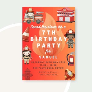 Firefighter Birthday Invitation, Editable Canva Template, Instant Digital Download, Kids fireman Party Invite