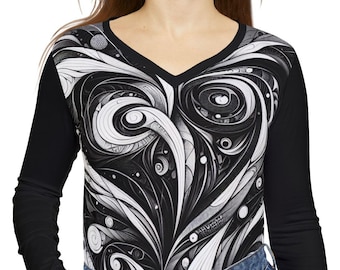 Abstract Heart V-Neck Shirt: Black and White Long Sleeve Top