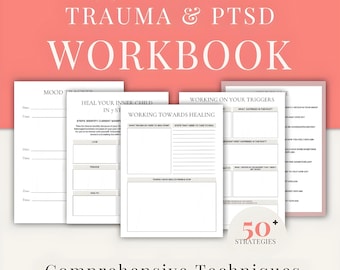 May include: A workbook titled "Trauma & PTSD Workbook" with a pink background. The workbook includes worksheets for mood tracking, healing your inner child, working towards healing, and working on your triggers. The workbook includes over 50 strategies.