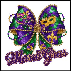 Mardi Gras Bow Sublimation PNG | Design de camisa de laço coquete | Camisa do festival Louisiana Mardi Beads New Orleans Carnival Glitter Bow