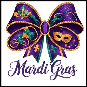 Mardi Gras Bow Sublimation PNG | Design de camisa de laço coquete | Camisa do festival Louisiana Mardi Beads New Orleans Carnival Glitter Bow