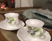 Vintage Enesco Bone China Candle Holders Teacup and Saucer Shape White Porcelain Candle Holders Tiny Lavender Flower