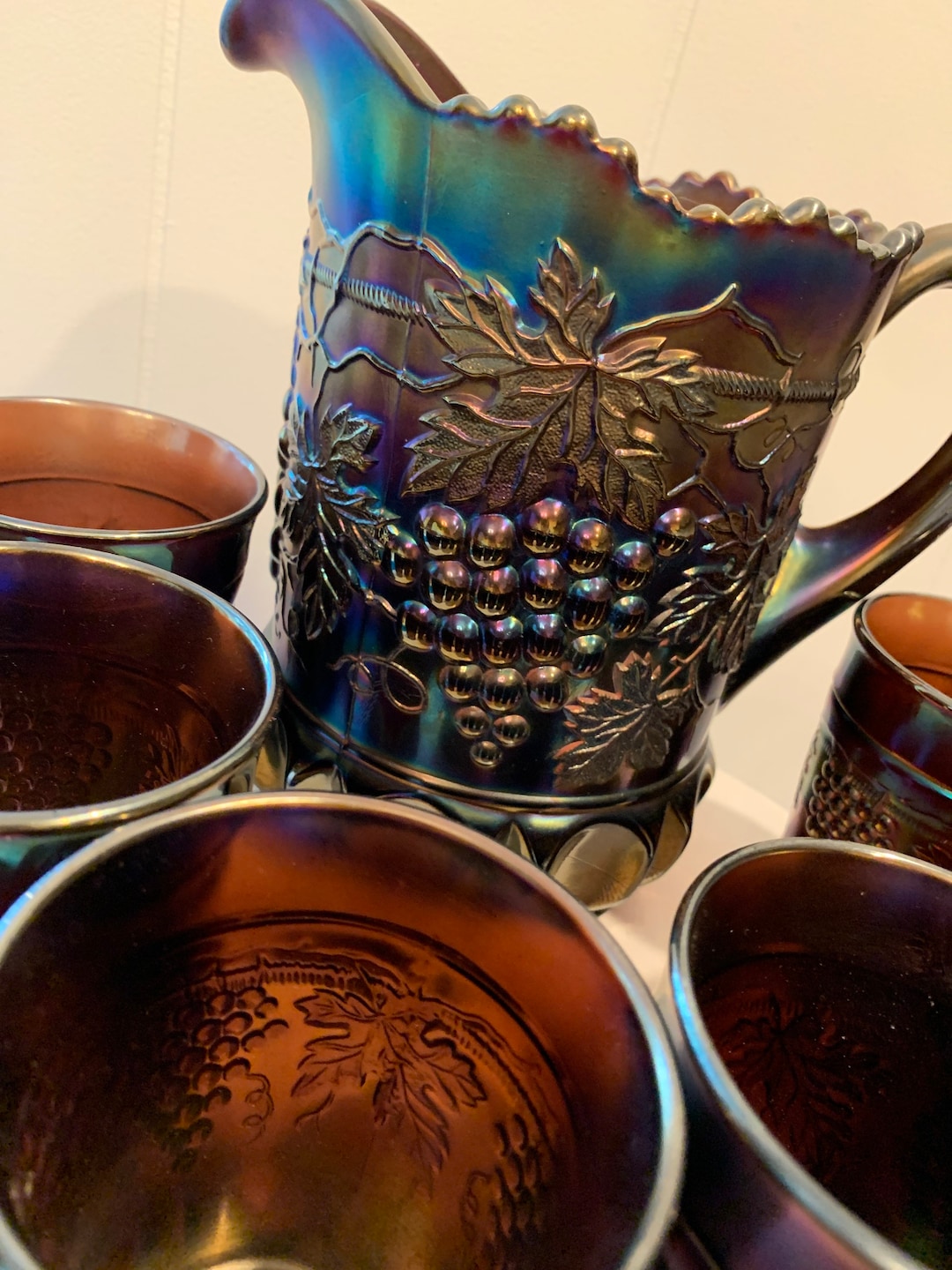 Northwood Carnival Glass Pitcher and Six Glasses Grape and Cable