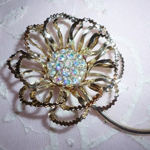 Flower Brooch ~ Vintage Gold Toned Flower Brooch  ~ Aurora Borealis Rhinestones ~ Gift For Her