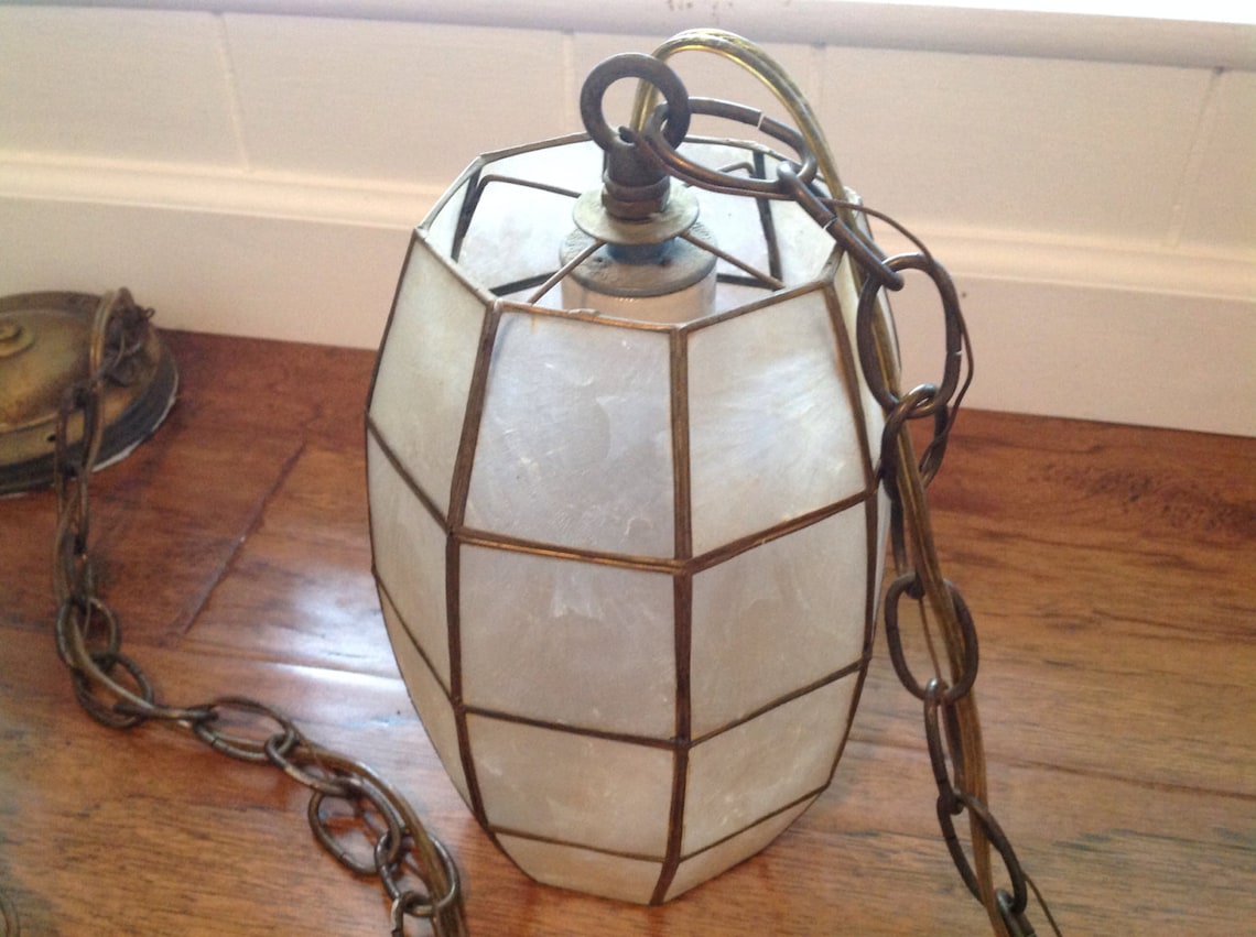 Vintage Capiz Shell and Brass Swag Lamp Mid Century Lighting Etsy