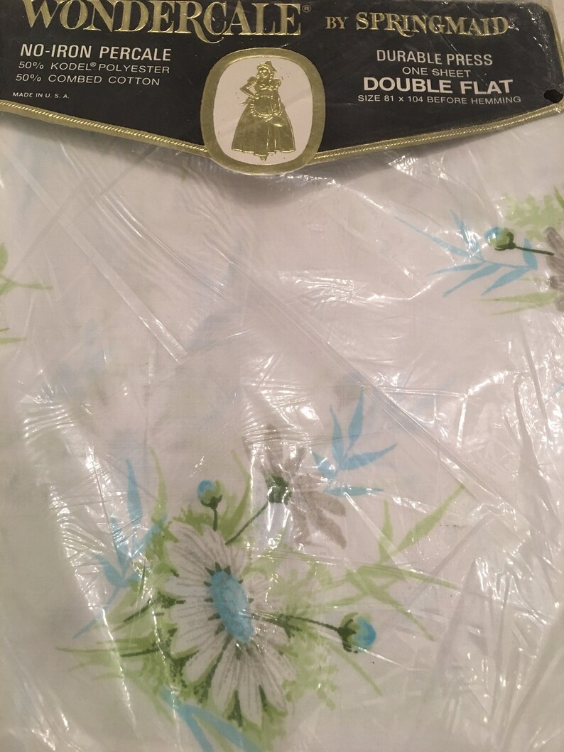 Wondercale Springmaid Vintage Sheets Fresh Daisy ~ Aqua and Green Daisy ~ NOS ~ Double Flat and Fitted Sheet