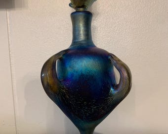 Saul Alcatraz Perfume Bottle Art Glass Iridescent Blue Signed