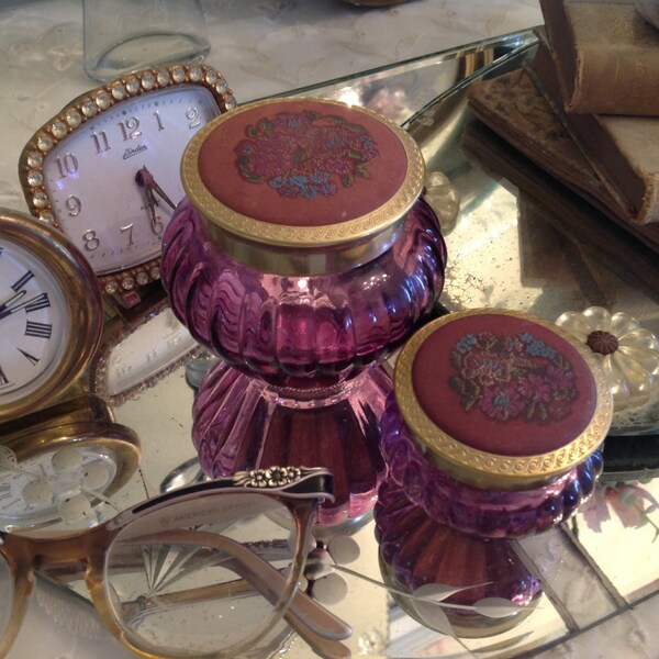Vintage Set Of Two Purple  Avon Jars Lids Have Fabric Flowers Vanity Decor Jewelry Boxes